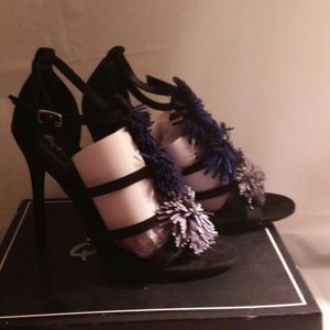 Silver black blue open toe heels